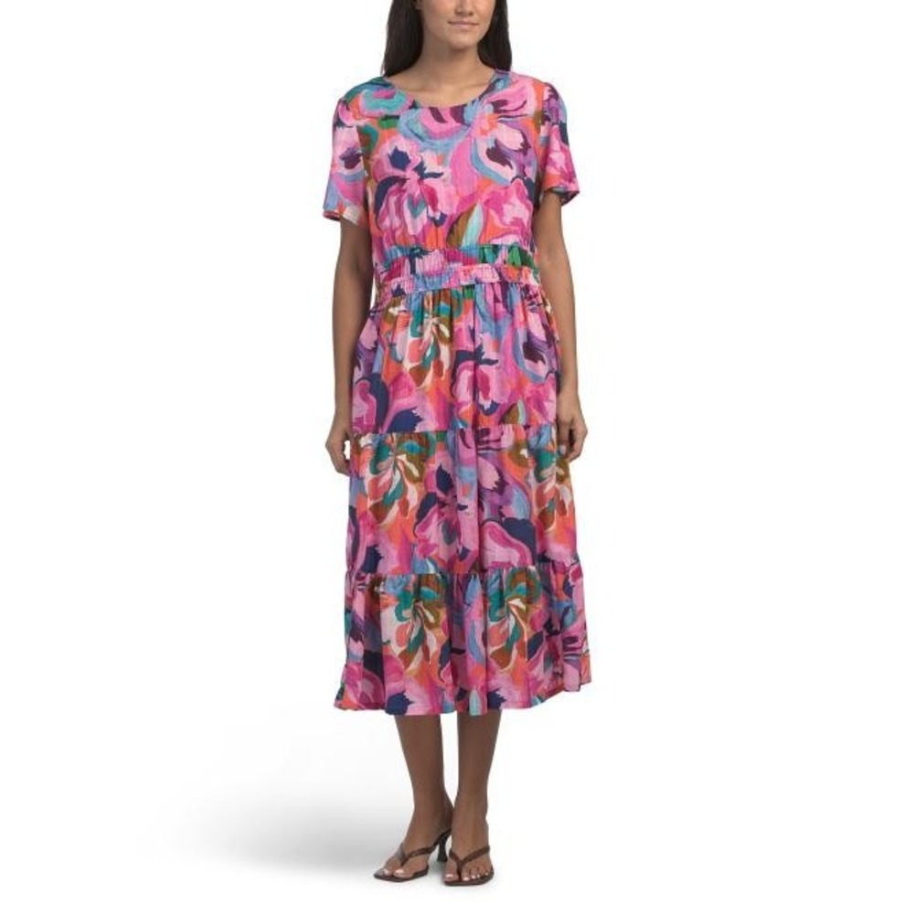 JOHNNY WAS Smocked Tier Dress Womens XS Ambre Floral Midi Slip $318 New NWT